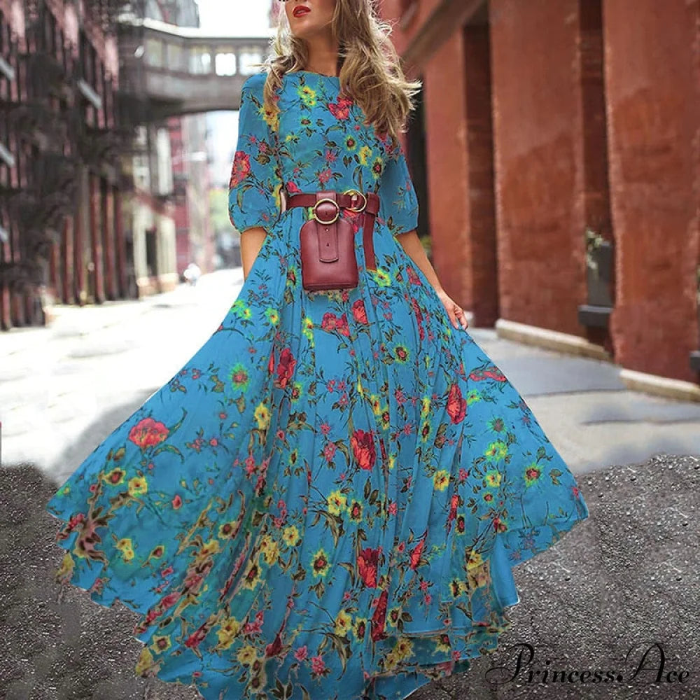 Vintage Warm-Season Printing Gown Flowered Long Fashion Elegant Three Party Quarter O-Neck Arm Streetwear 03 Print / S