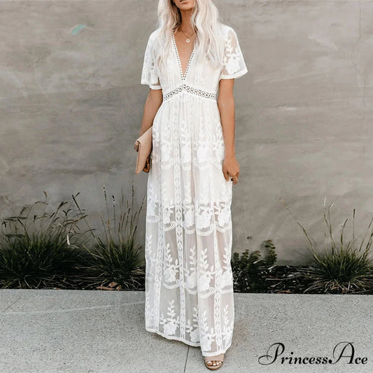 Vintage White Deep V-neck Summer Dress bohodress-250126