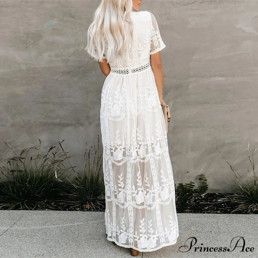 Vintage White Deep V-neck Summer Dress bohodress-250126
