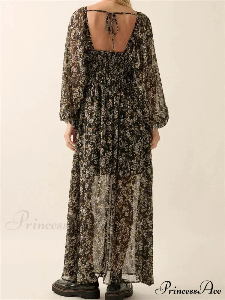 Vintage Women Bohemian Floral Print Summer Sleeve V Neck High Waist Chiffon Flowy Vestidos