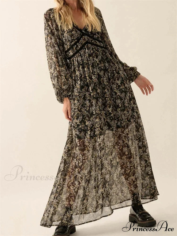 Vintage Women Bohemian Floral Print Summer Sleeve V Neck High Waist Chiffon Flowy Vestidos BLACK / S