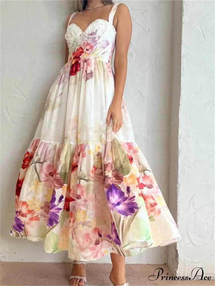 Vintage Women High Waist Sleeveless Strap Lace Push Up Flower Print Summer Beach Female Vestido WHITE / S