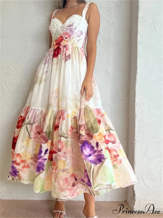 Vintage Women High Waist Sleeveless Strap Lace Push Up Flower Print Summer Beach Female Vestido WHITE / S