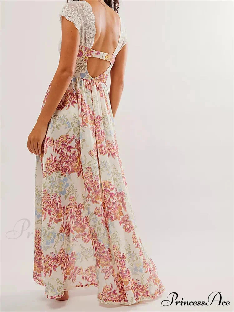 Vintage Women Lace Short Sleeve Casual Floral Print Backless Beach Party Split Summer Vestidos