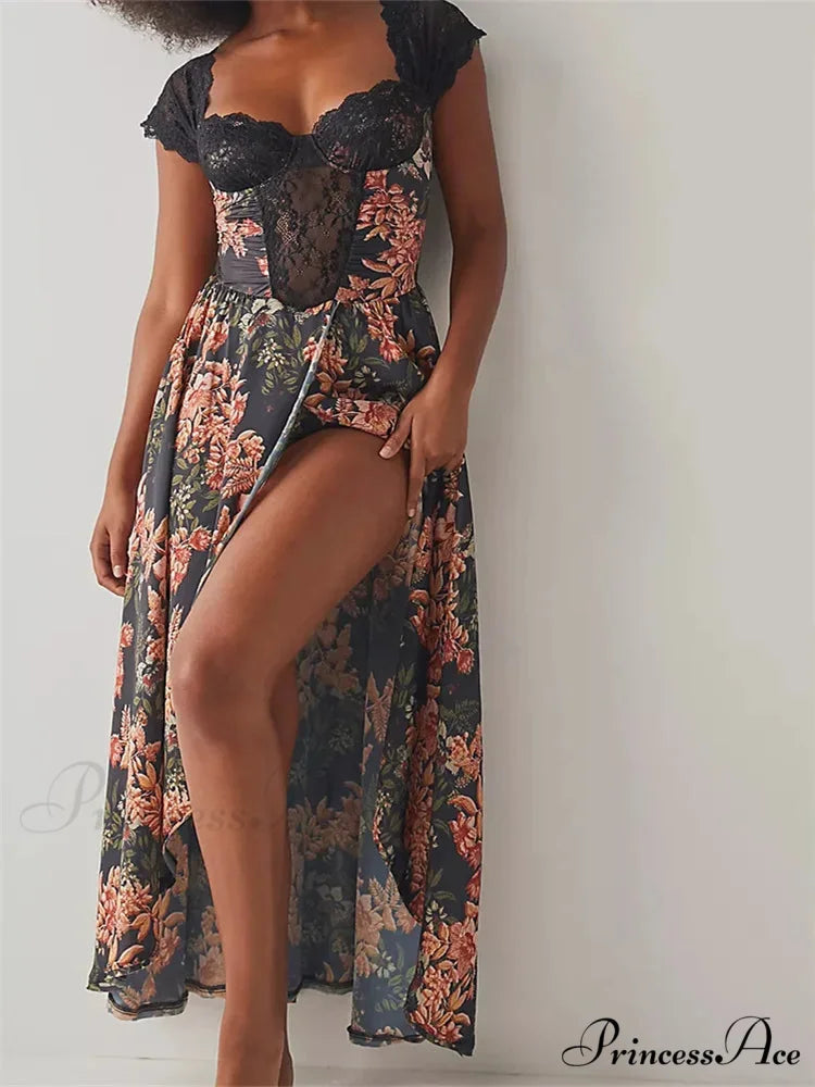 Vintage Women Lace Short Sleeve Casual Floral Print Backless Beach Party Split Summer Vestidos BLACK / S