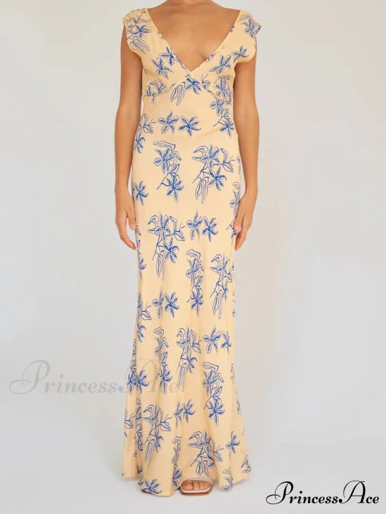 Vintage Women Sleeveless V-neck Backless Flower Print Summer for Vacation Party Female Vestidos