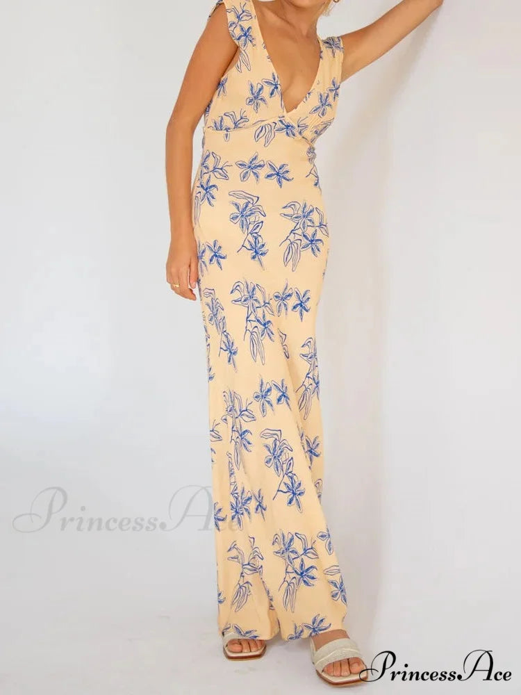 Vintage Women Sleeveless V-neck Backless Flower Print Summer for Vacation Party Female Vestidos