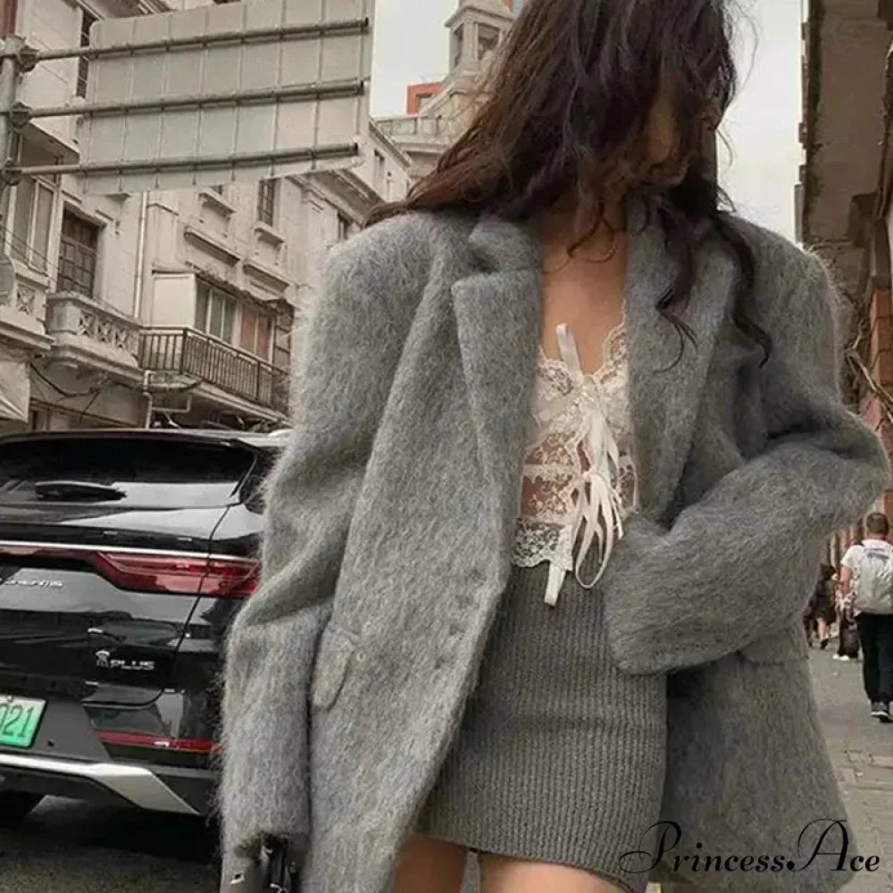 Vintage Wool Button Collar Overcoat D-Gray / S overcoats-241228