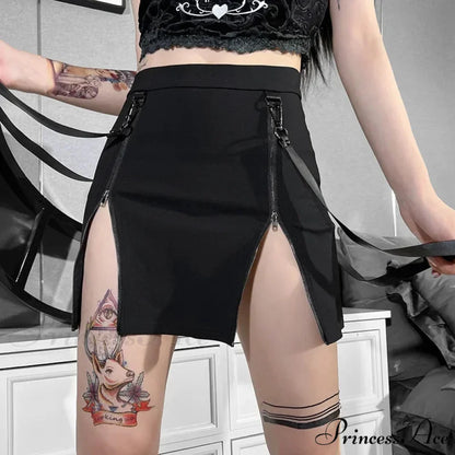 Vintage Y2k Dark Double Zipper Bag Hip Split Gothic Design Tight Harajuku Black Gothic Bag Hip Skirt