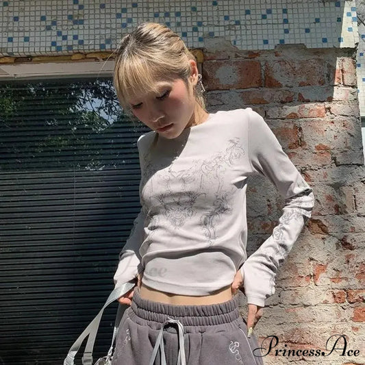 Vintage Y2K Gothic Long Sleeve O-neck Stylish Elegant Trendy Classic Casual Crop Top GRAY / S