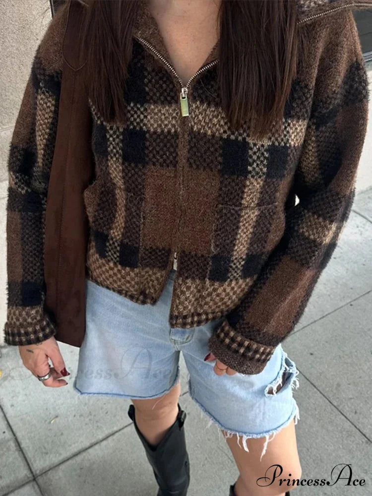 Vintage Zipper Baggy Long Sleeve Knit Cardigan cardiagn-250126