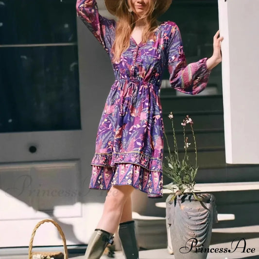 Violet Flowery Button Frills Bohemian Short Dress Purple / S bohodress-250126
