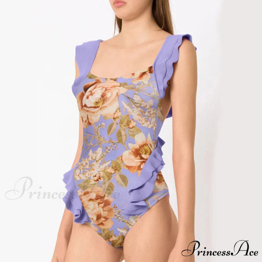 Violet Flowery Lace Band Cross Back Single Piece PURPLE2 / S onepiece-250223