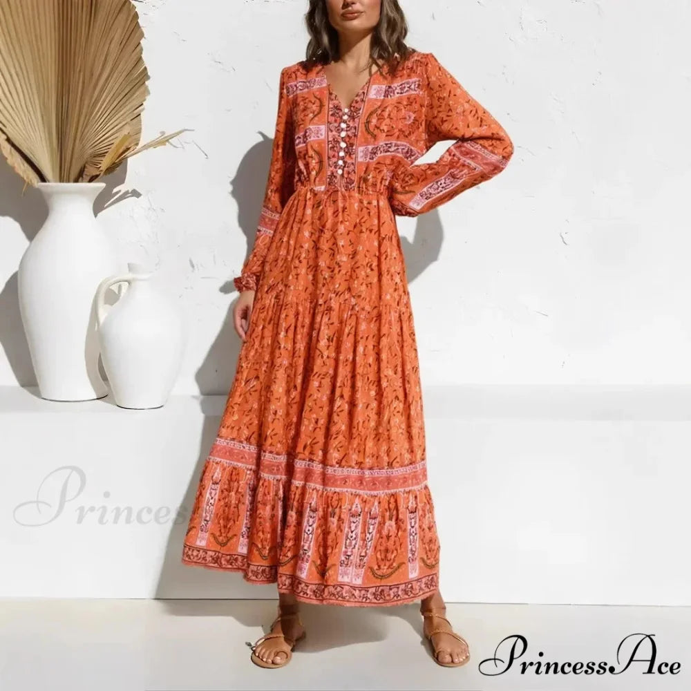 Violet Flowery Pattern Lantern Sleeve V-neck Rayon Maxi Boho Dress Orange / S bohodress-250126