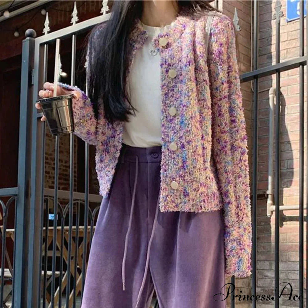 Violet Flowery Relaxed Breeze Open Weave Cardigan cardiagn-250126