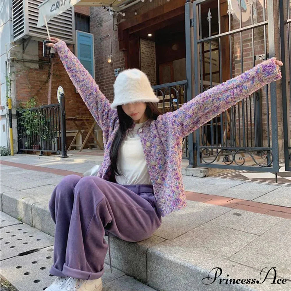 Violet Flowery Relaxed Breeze Open Weave Cardigan cardiagn-250126