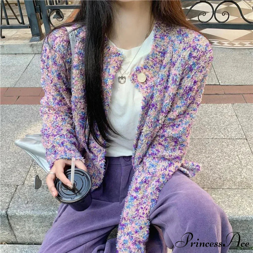 Violet Flowery Relaxed Breeze Open Weave Cardigan cardiagn-250126
