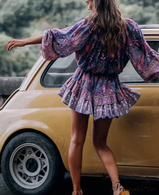 Violet Flowery Stretchy Waist Long Sleeve Short Boho Dress bohodress-250126