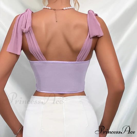 Violet Lace Ribbon Shoulder Strap Fishbone Crop Top croptop-250126