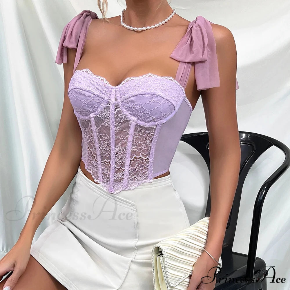 Violet Lace Ribbon Shoulder Strap Fishbone Crop Top croptop-250126