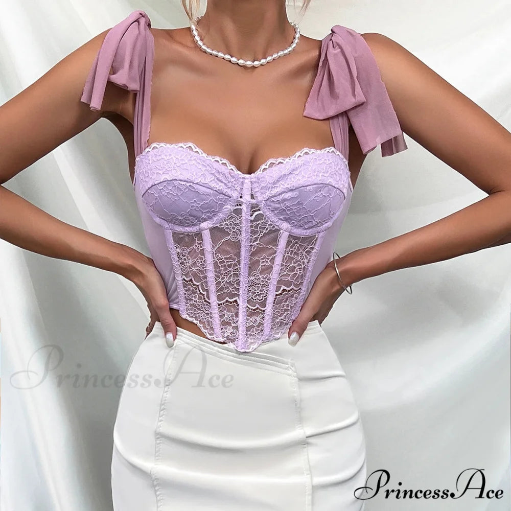 Violet Lace Ribbon Shoulder Strap Fishbone Crop Top croptop-250126