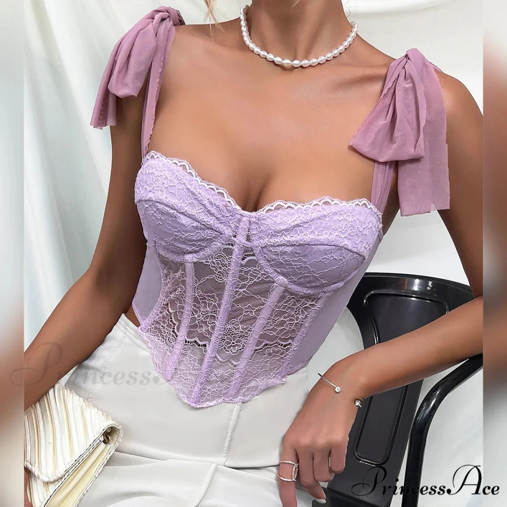 Violet Lace Ribbon Shoulder Strap Fishbone Crop Top croptop-250126