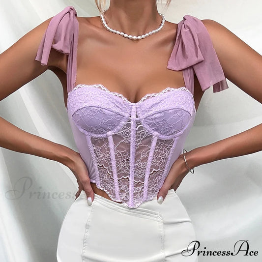 Violet Lace Ribbon Shoulder Strap Fishbone Crop Top Purple / S croptop-250126