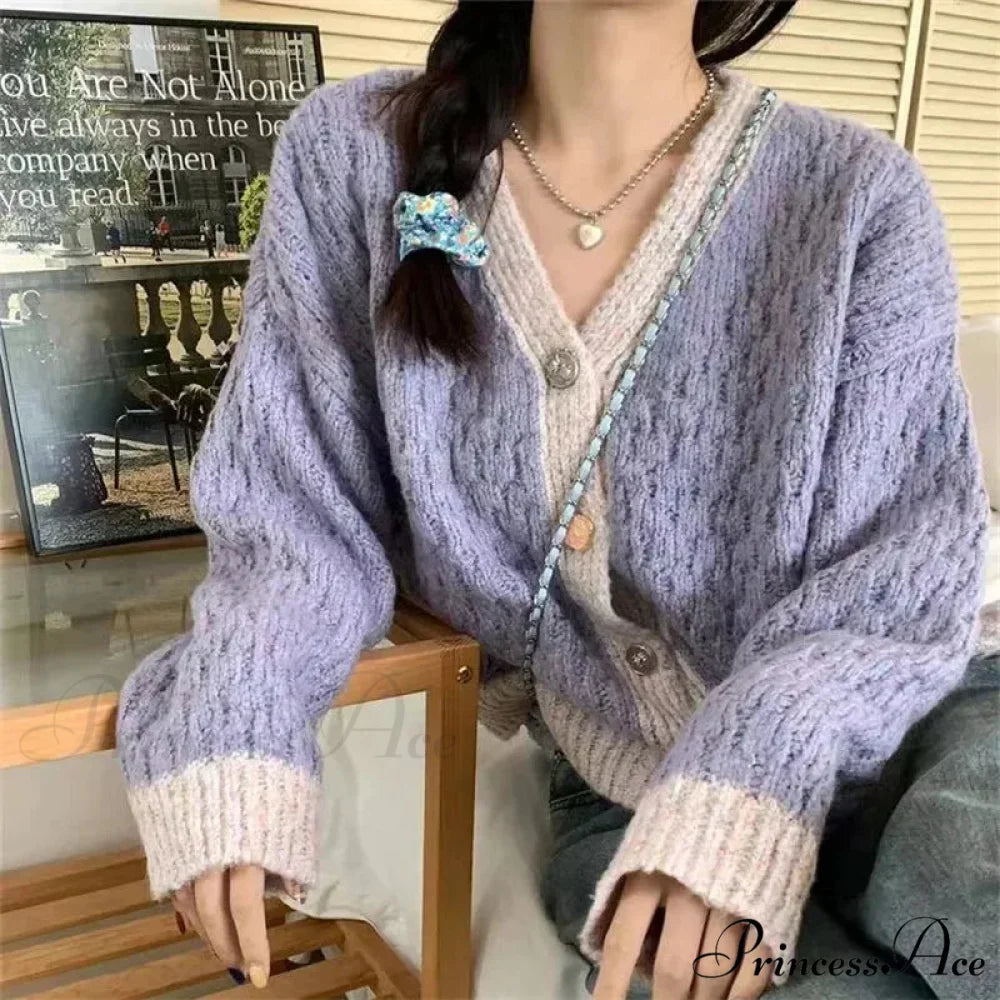 Violet Patchwork Baggy Soft V-Neck Knitted Cardigan Purple / One Size cardiagn-250126