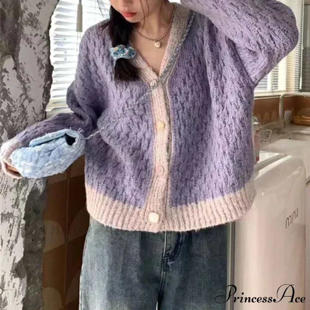 Violet Patchwork Baggy Soft V-Neck Knitted Cardigan Purple / One Size cardiagn-250126