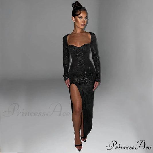 Viv Formal High Charming Slit Glitter Dress BLACK / S