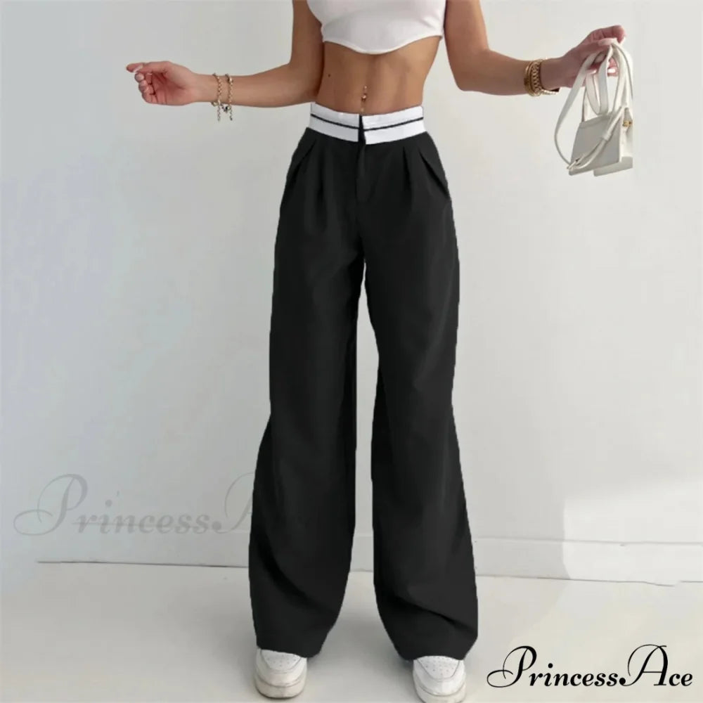Vivid Hue High Waist Trim Trousers Black / S pants-241228