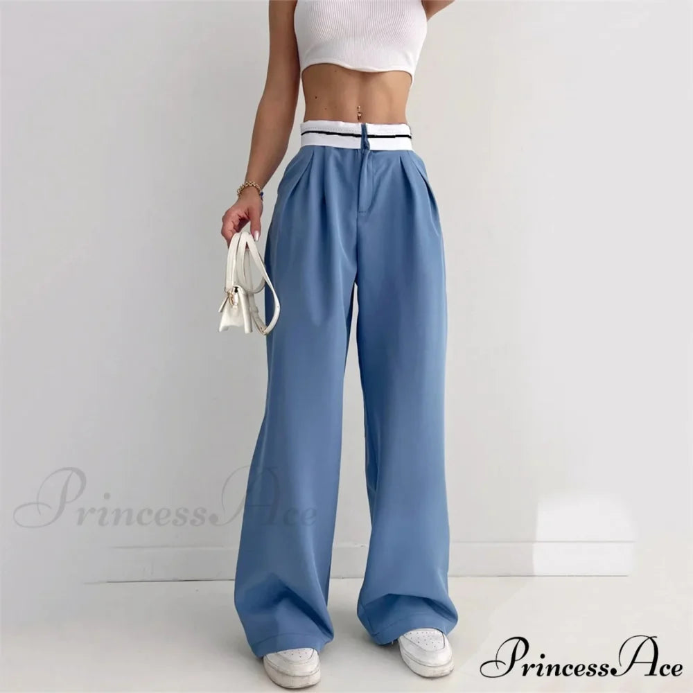 Vivid Hue High Waist Trim Trousers Blue / S pants-241228
