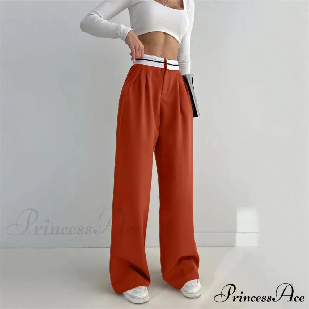 Vivid Hue High Waist Trim Trousers Brown / S pants-241228