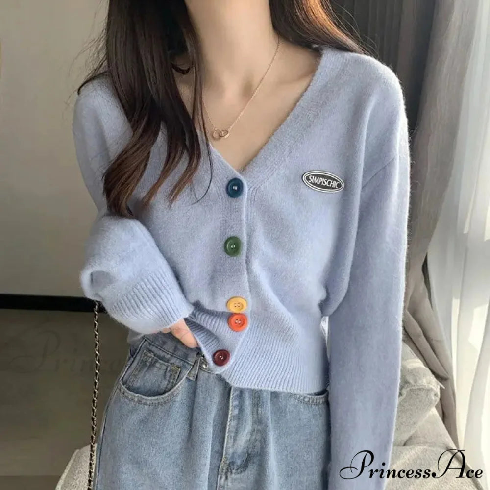 Vivid V-Neck Baggy Extended Sleeve Informal Knit Cardigan Blue / S cardiagn-250126