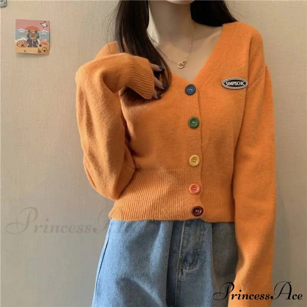 Vivid V-Neck Baggy Extended Sleeve Informal Knit Cardigan Orange / S cardiagn-250126