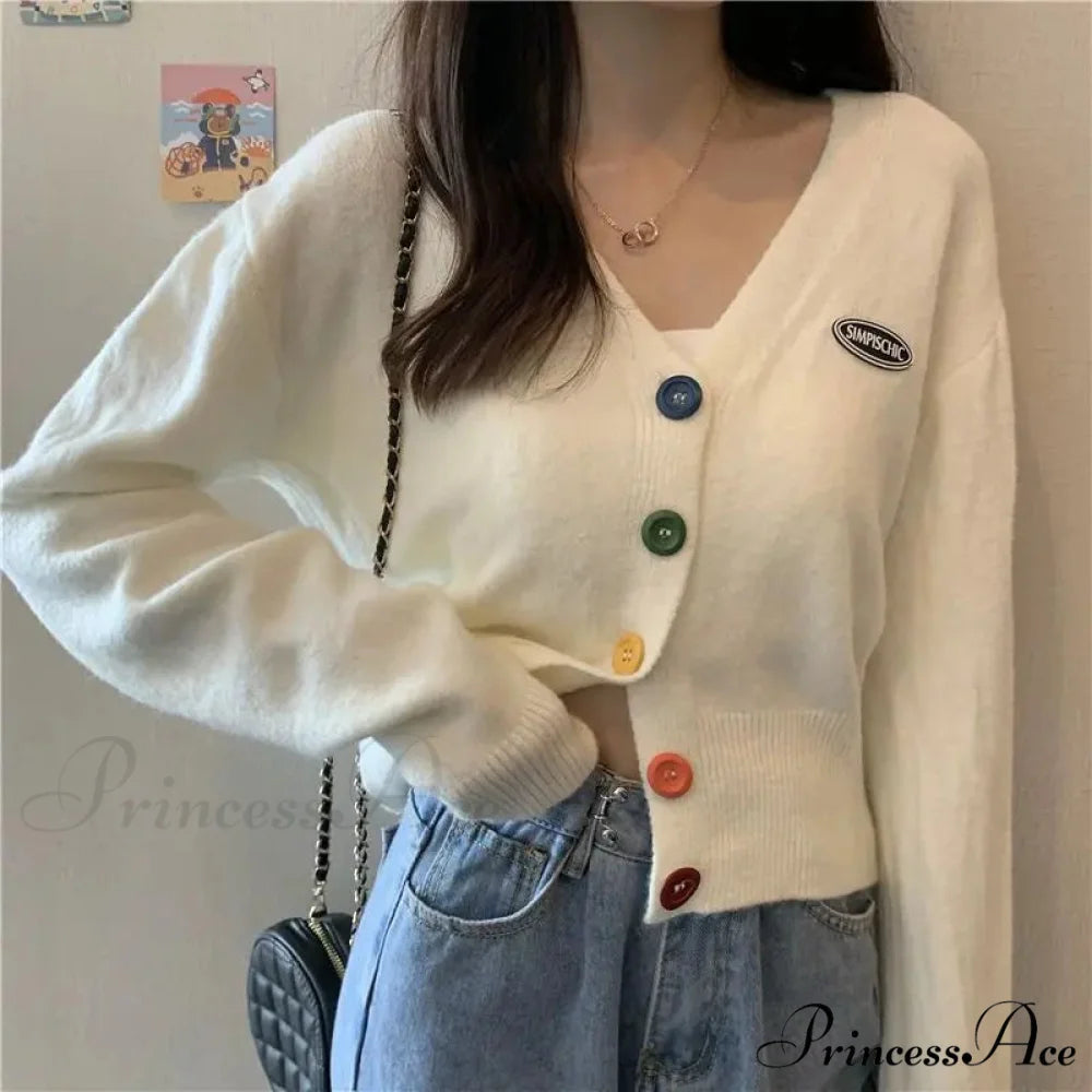 Vivid V-Neck Baggy Extended Sleeve Informal Knit Cardigan WHITE / S cardiagn-250126