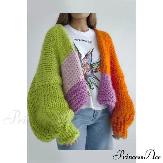 Vivid Yarn V-Neck Traveler Knit Cardigan Color blocking / S cardiagn-250126