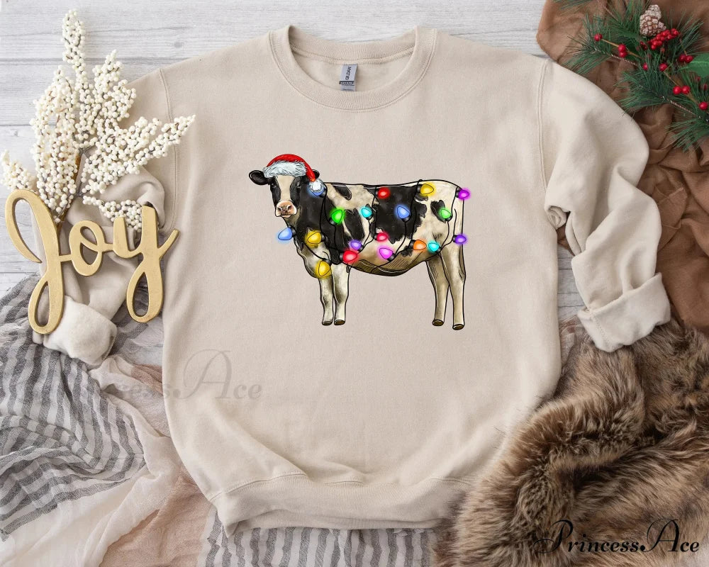 Voguish Christmas Cow Lights Leisure Sports Model Farm Christmas Hoodie creamy-white / S Christmas Hoodies-L