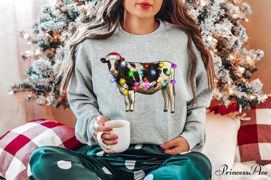 Voguish Christmas Cow Lights Leisure Sports Model Farm Christmas Hoodie GRAY / S Christmas Hoodies-L