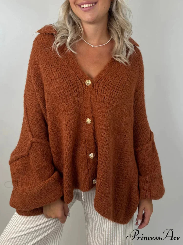 Voluminous Sleeve High Neck Cardigan Dark Brown / S cardigans-241228
