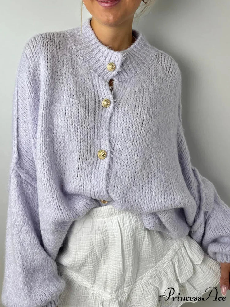 Voluminous Sleeve High Neck Cardigan Light Purple / S cardigans-241228