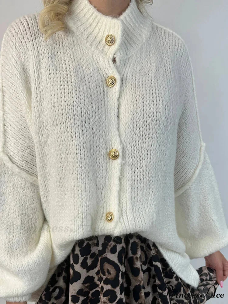 Voluminous Sleeve High Neck Cardigan Milky White / S cardigans-241228