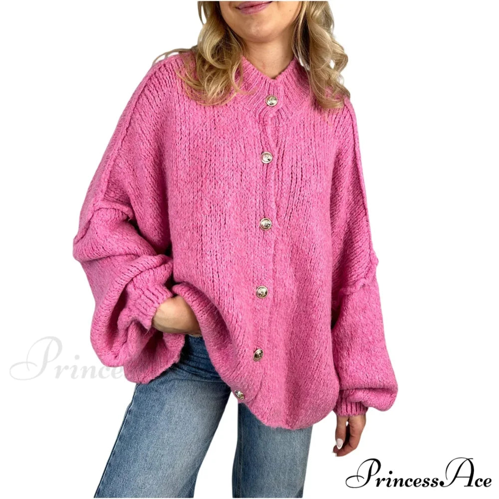 Voluminous Sleeve High Neck Cardigan Rose Red / S cardigans-241228
