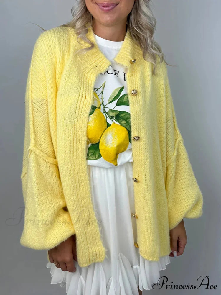Voluminous Sleeve High Neck Cardigan Yellow / S cardigans-241228