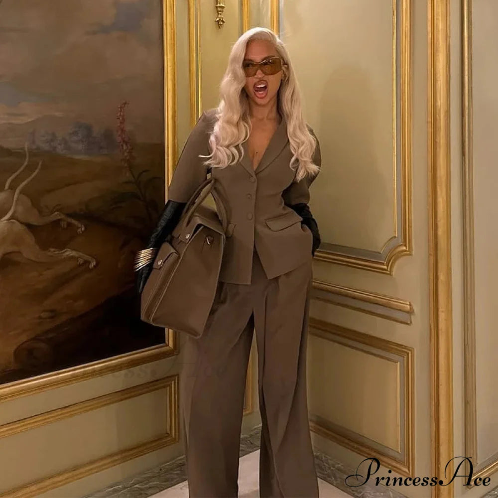 Voluminous Sleeve Jacket Wide Pants Office Two Piece Set brown Top / S officetwopieceset-250223