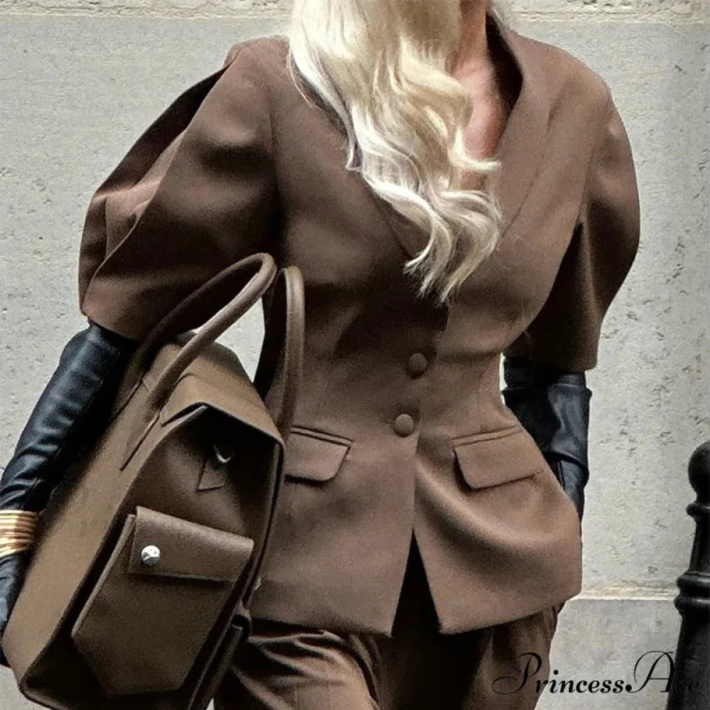 Voluminous Sleeve Jacket Wide Pants Office Two Piece Set officetwopieceset-250223