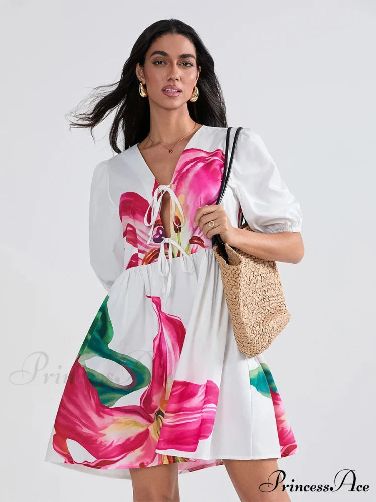 Voluminous Sleeve Knot A-Line Short Floral Dress WHITE2 / S floraldress-250126