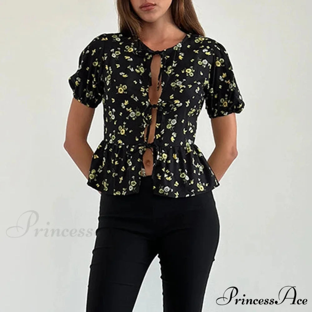 Voluminous Sleeve Ribbon Crop Top black1 / S croptop-250223