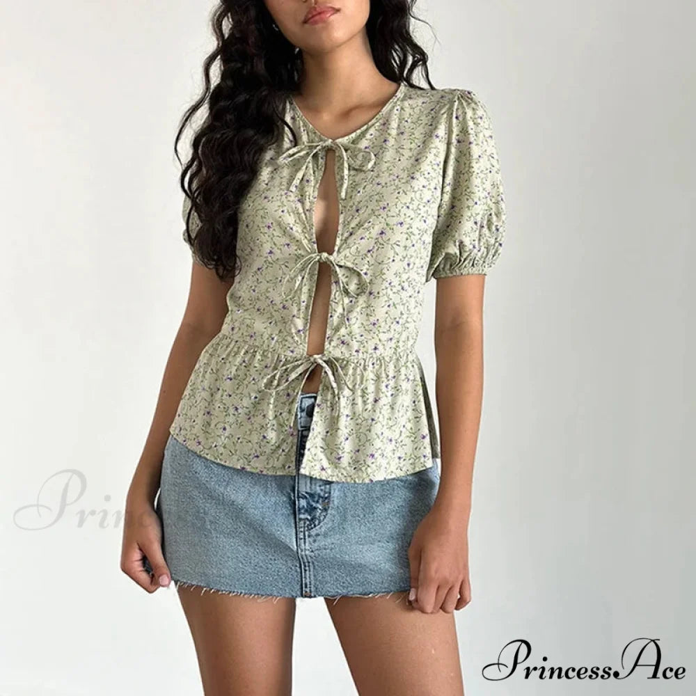 Voluminous Sleeve Ribbon Crop Top green / S croptop-250223