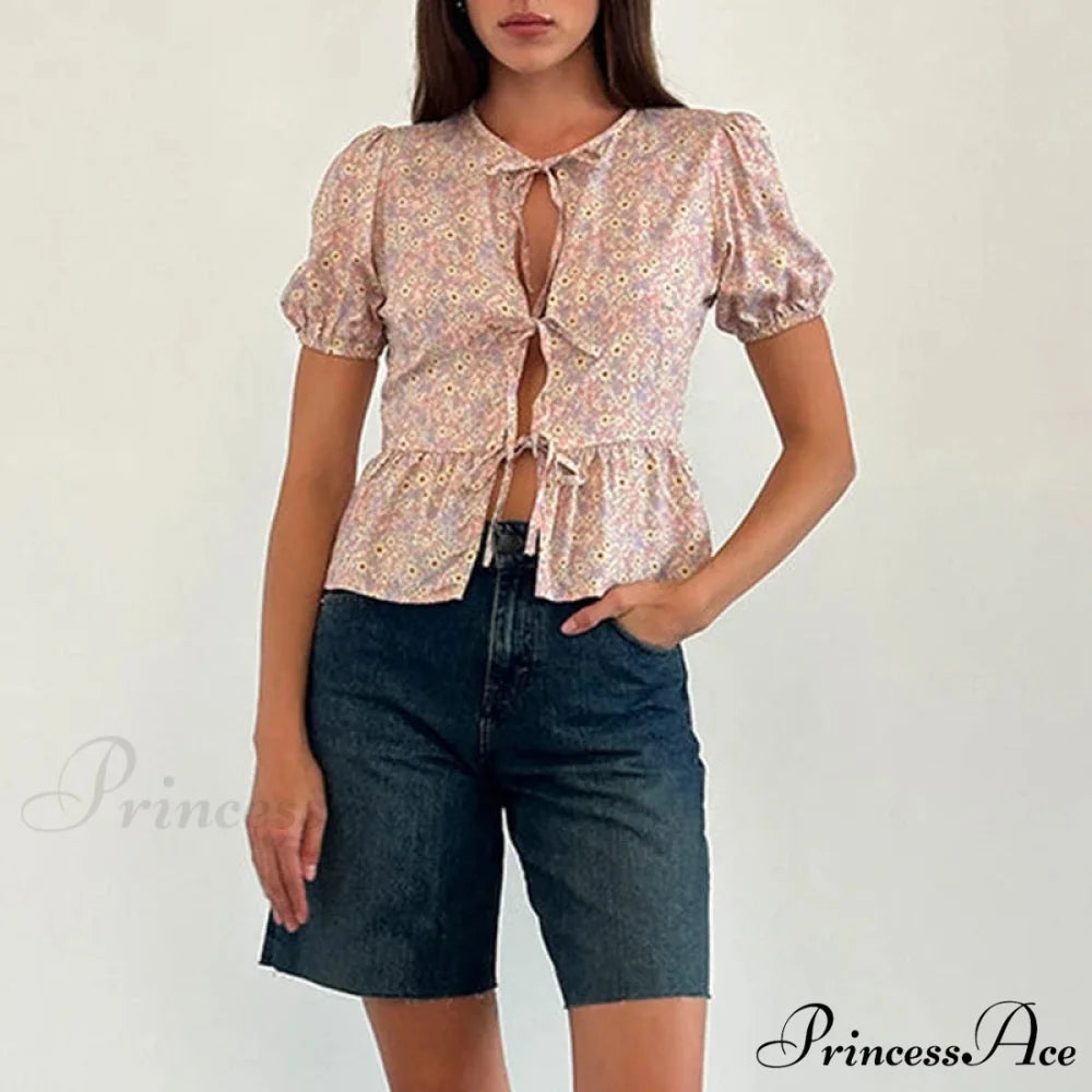Voluminous Sleeve Ribbon Crop Top pink / S croptop-250223